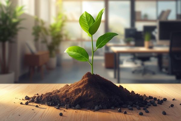 Photo of an organic sprout growing from soil on a table, symbolising growth and nurturing.